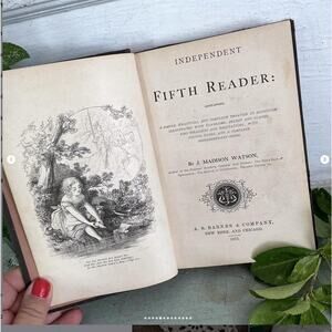 Antique Shabby School Book Independent Fifth Reader Illustrated Marble Edge 1883